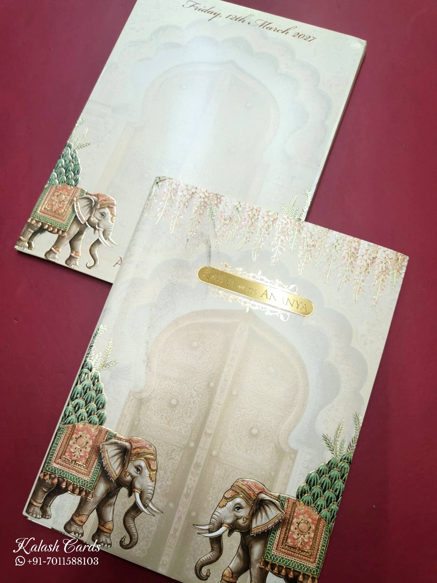 KLB784 Elephant Design Creme Color Embossed Semi Box Wedding Card (2 Page & Couple Name Acrylic)