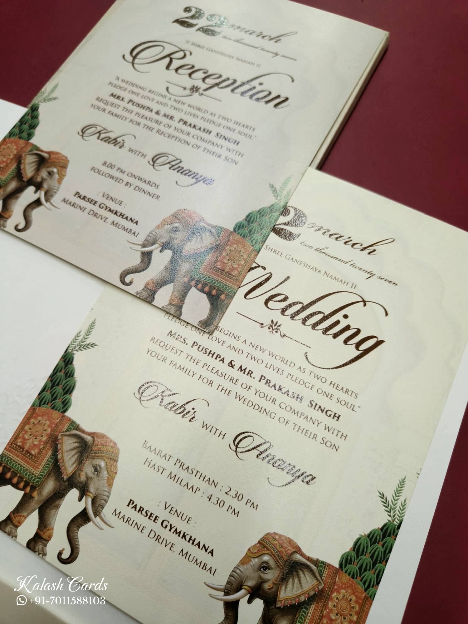 KLB784 Elephant Design Creme Color Embossed Semi Box Wedding Card (2 Page & Couple Name Acrylic)
