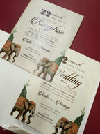 KLB784 Elephant Design Creme Color Embossed Semi Box Wedding Card (2 Page & Couple Name Acrylic)