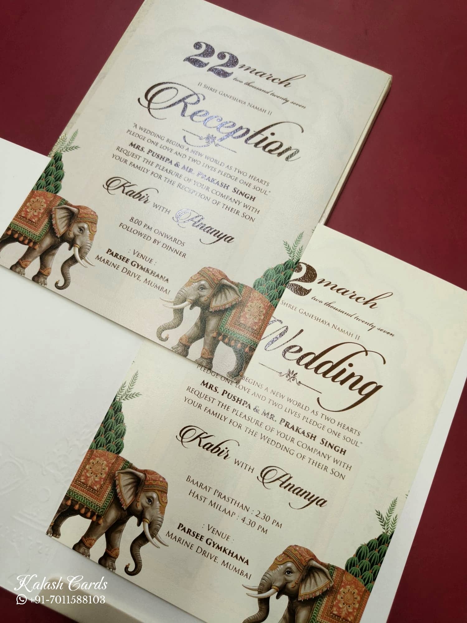 KLB784 Elephant Design Creme Color Embossed Semi Box Wedding Card (2 Page & Couple Name Acrylic)