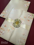 KLB785 Floral Design Creme Color Double Door Style Embossed Semi Box Wedding Card (2 Page & Couple Initial Acrylic)