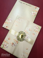 KLB785 Floral Design Creme Color Double Door Style Embossed Semi Box Wedding Card (2 Page & Couple Initial Acrylic)
