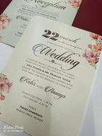 KLB785 Floral Design Creme Color Double Door Style Embossed Semi Box Wedding Card (2 Page & Couple Initial Acrylic)
