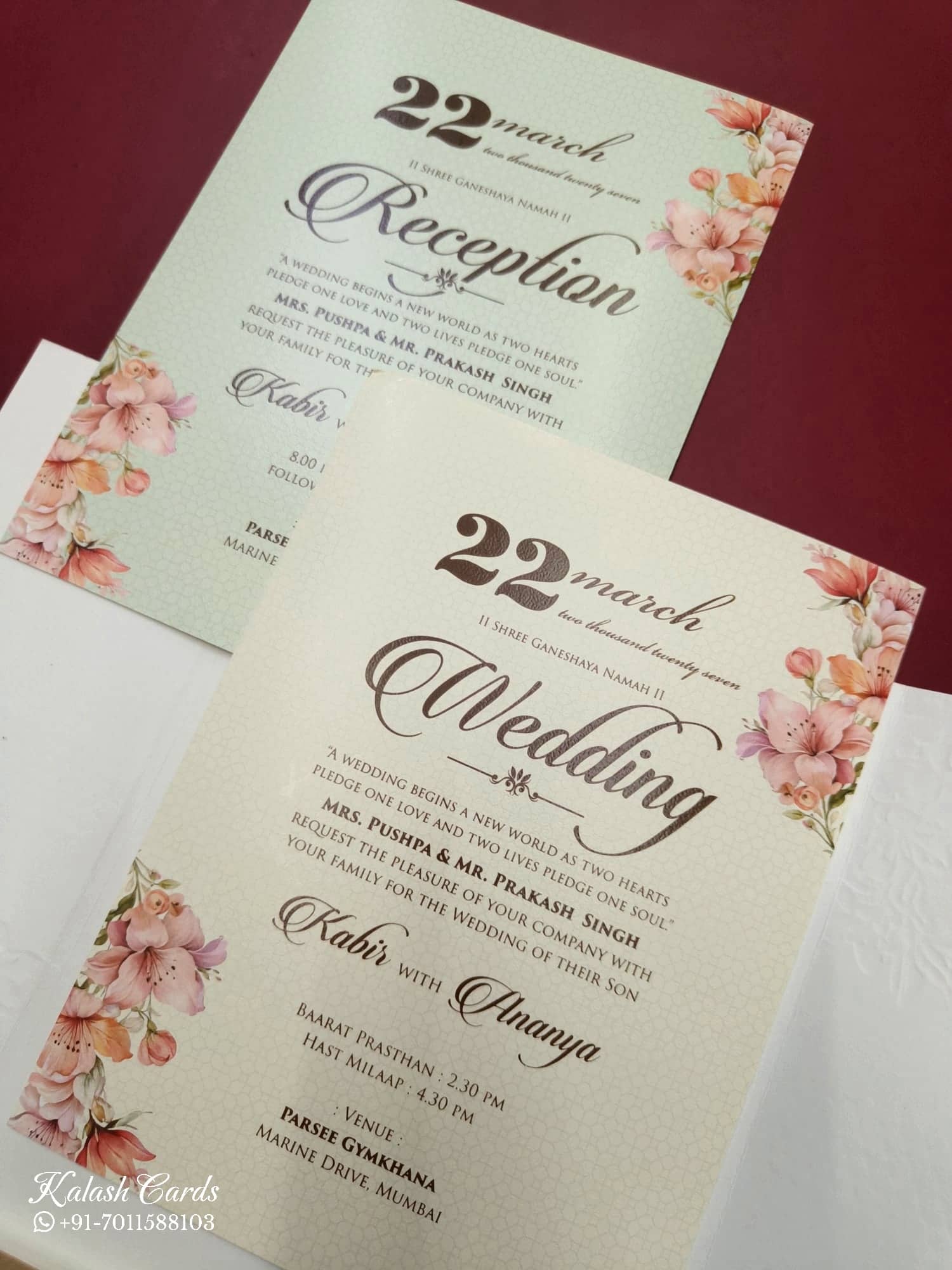KLB785 Floral Design Creme Color Double Door Style Embossed Semi Box Wedding Card (2 Page & Couple Initial Acrylic)