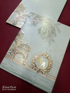 KLB786 Royal Fort Design Blue Color Double Door Style Embossed Semi Box Wedding Card (2 Page & Couple Initial Acrylic)