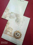 KLB786 Royal Fort Design Blue Color Double Door Style Embossed Semi Box Wedding Card (2 Page & Couple Initial Acrylic)