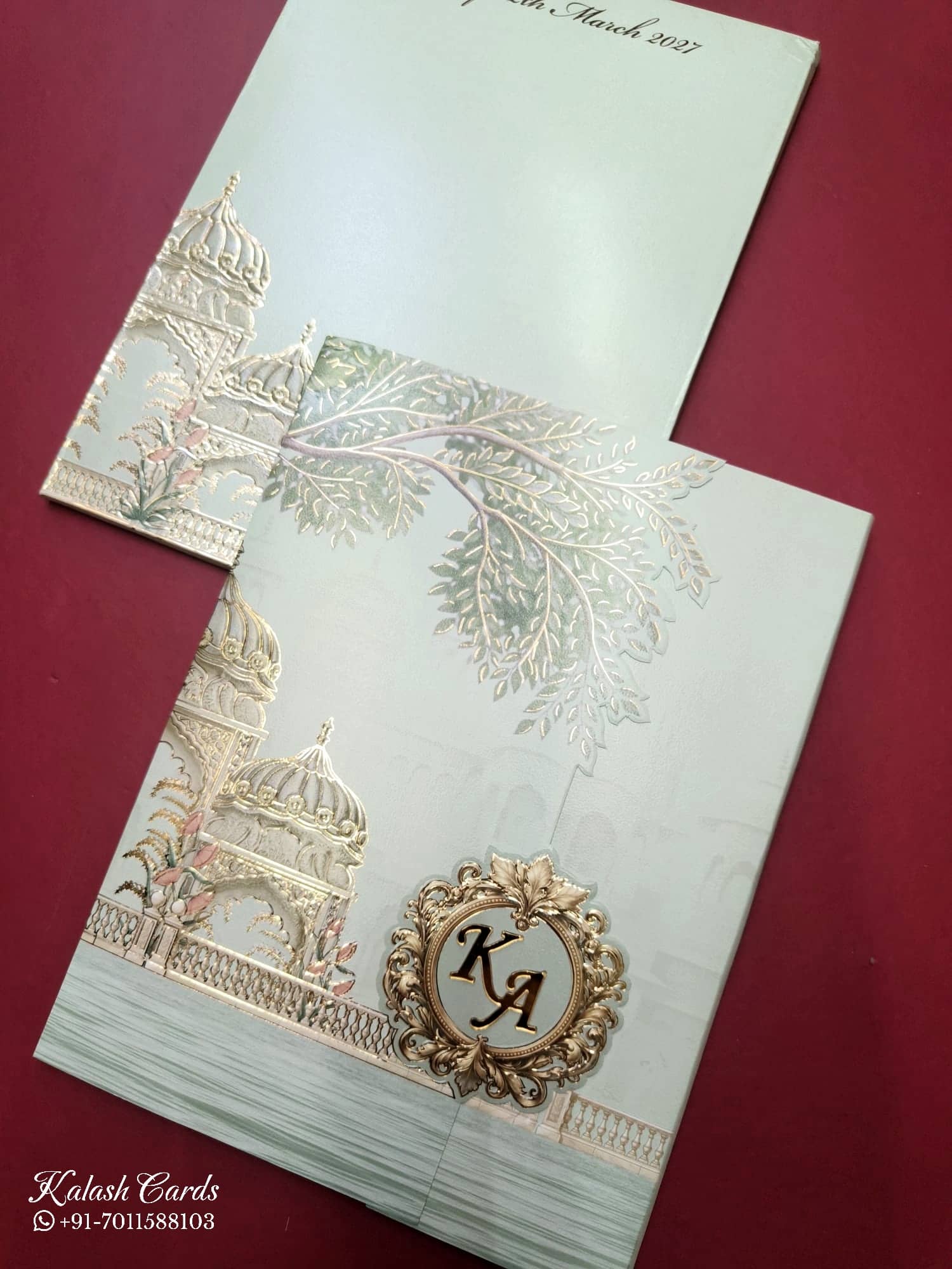 KLB786 Royal Fort Design Blue Color Double Door Style Embossed Semi Box Wedding Card (2 Page & Couple Initial Acrylic)