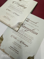KLB786 Royal Fort Design Blue Color Double Door Style Embossed Semi Box Wedding Card (2 Page & Couple Initial Acrylic)