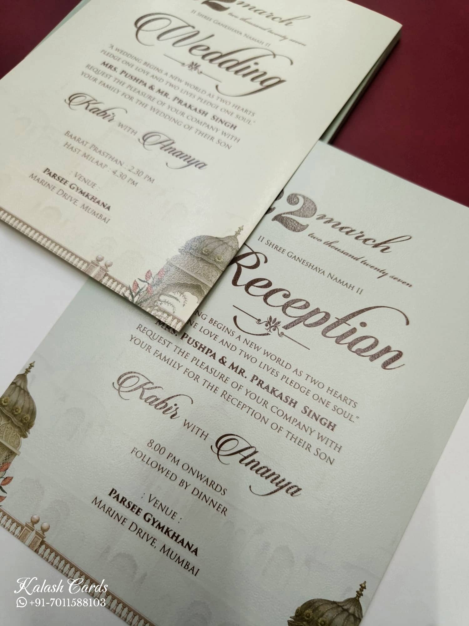 KLB786 Royal Fort Design Blue Color Double Door Style Embossed Semi Box Wedding Card (2 Page & Couple Initial Acrylic)