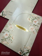 KLB787 Rose Floral Design Creme Color Embossed Semi Box Wedding Card (2 Page & Couple Name Acrylic)