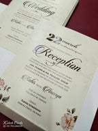 KLB787 Rose Floral Design Creme Color Embossed Semi Box Wedding Card (2 Page & Couple Name Acrylic)