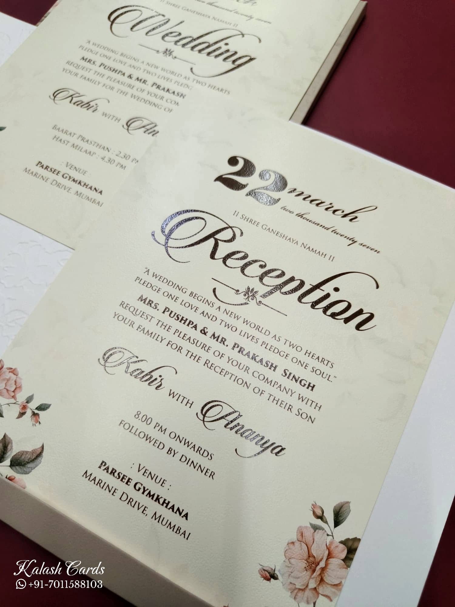 KLB787 Rose Floral Design Creme Color Embossed Semi Box Wedding Card (2 Page & Couple Name Acrylic)