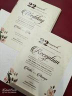 KLB787 Rose Floral Design Creme Color Embossed Semi Box Wedding Card (2 Page & Couple Name Acrylic)