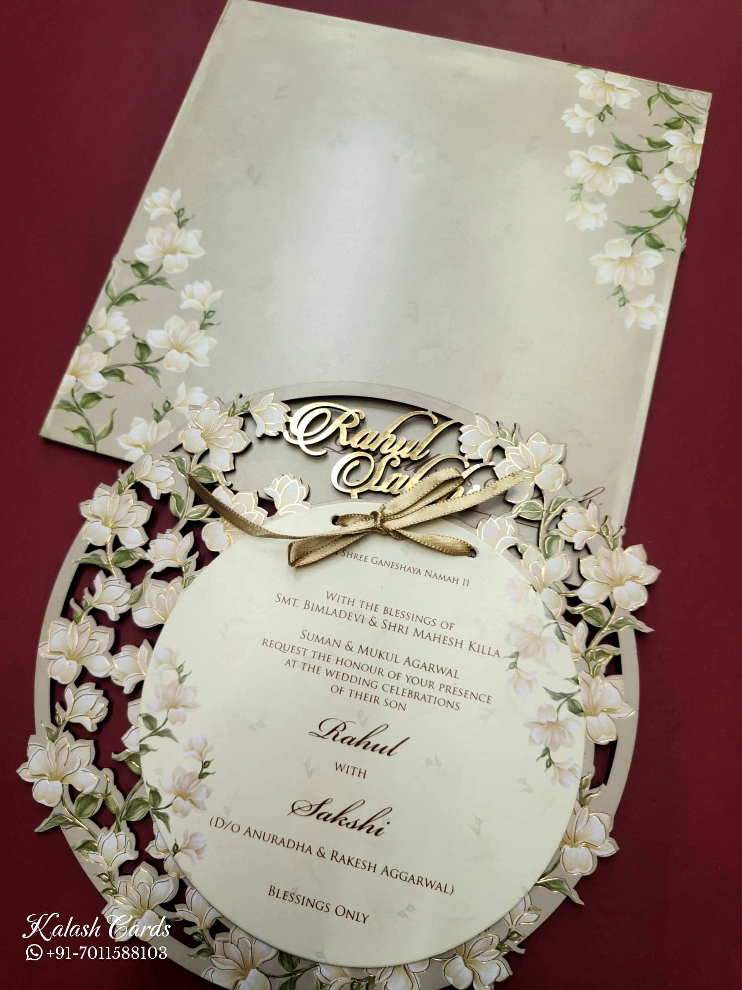 KLB788 Floral Design Creme Color Couple Name Laser Cut MDF Thick Wedding Card (2 Page)