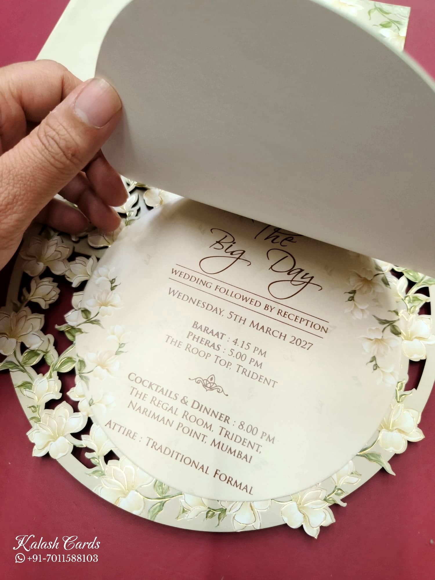 KLB788 Floral Design Creme Color Couple Name Laser Cut MDF Thick Wedding Card (2 Page)