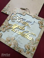 KLB789 Floral Design Orange Color Couple Name Laser Cut MDF Thick Wedding Card (2 Page)