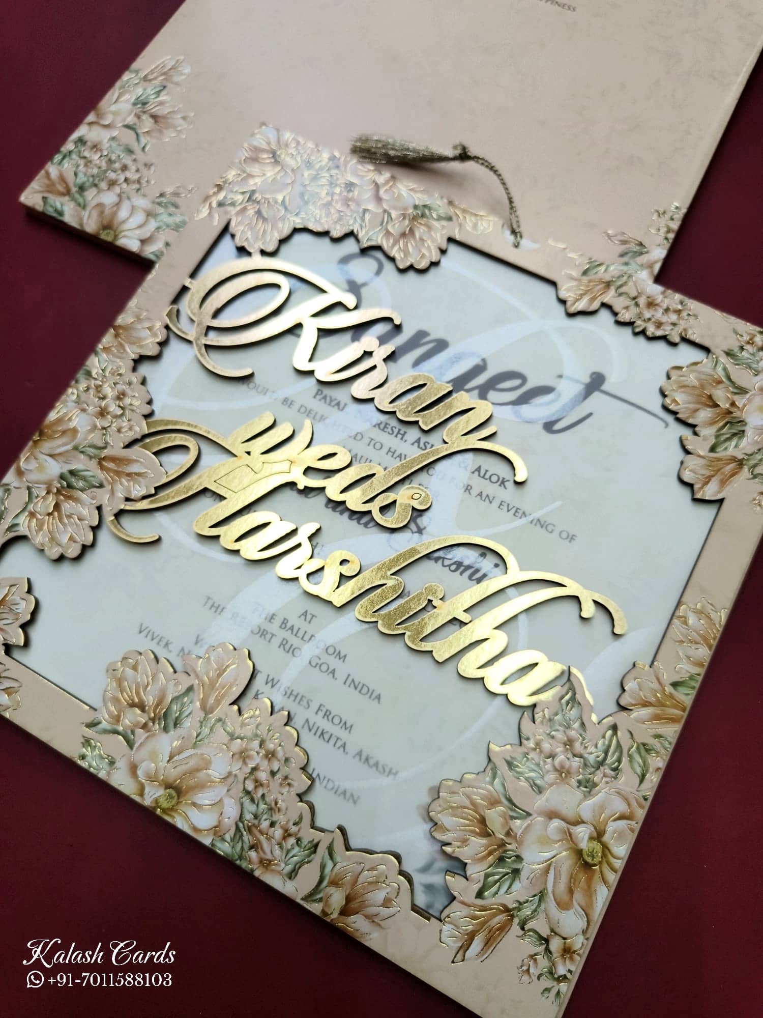 KLB789 Floral Design Orange Color Couple Name Laser Cut MDF Thick Wedding Card (2 Page)