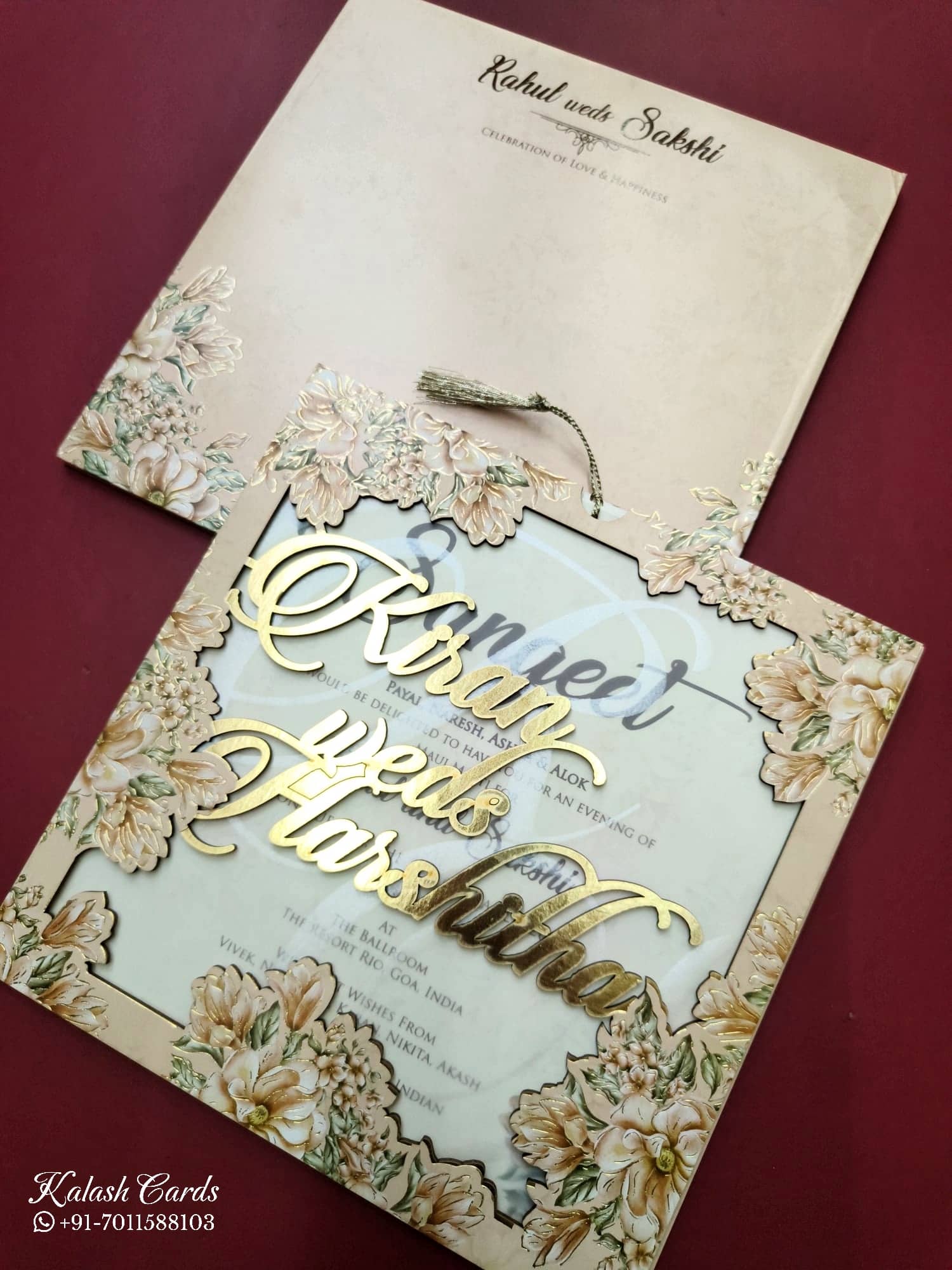 KLB789 Floral Design Orange Color Couple Name Laser Cut MDF Thick Wedding Card (2 Page)