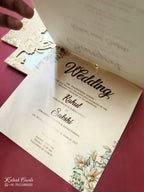 KLB789 Floral Design Orange Color Couple Name Laser Cut MDF Thick Wedding Card (2 Page)