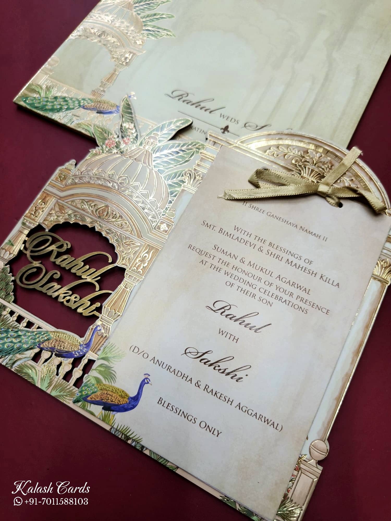 KLB790 Peacock Design Creme Color Couple Name Laser Cut Wedding Card (2 Page)