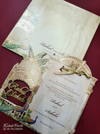 KLB790 Peacock Design Creme Color Couple Name Laser Cut Wedding Card (2 Page)