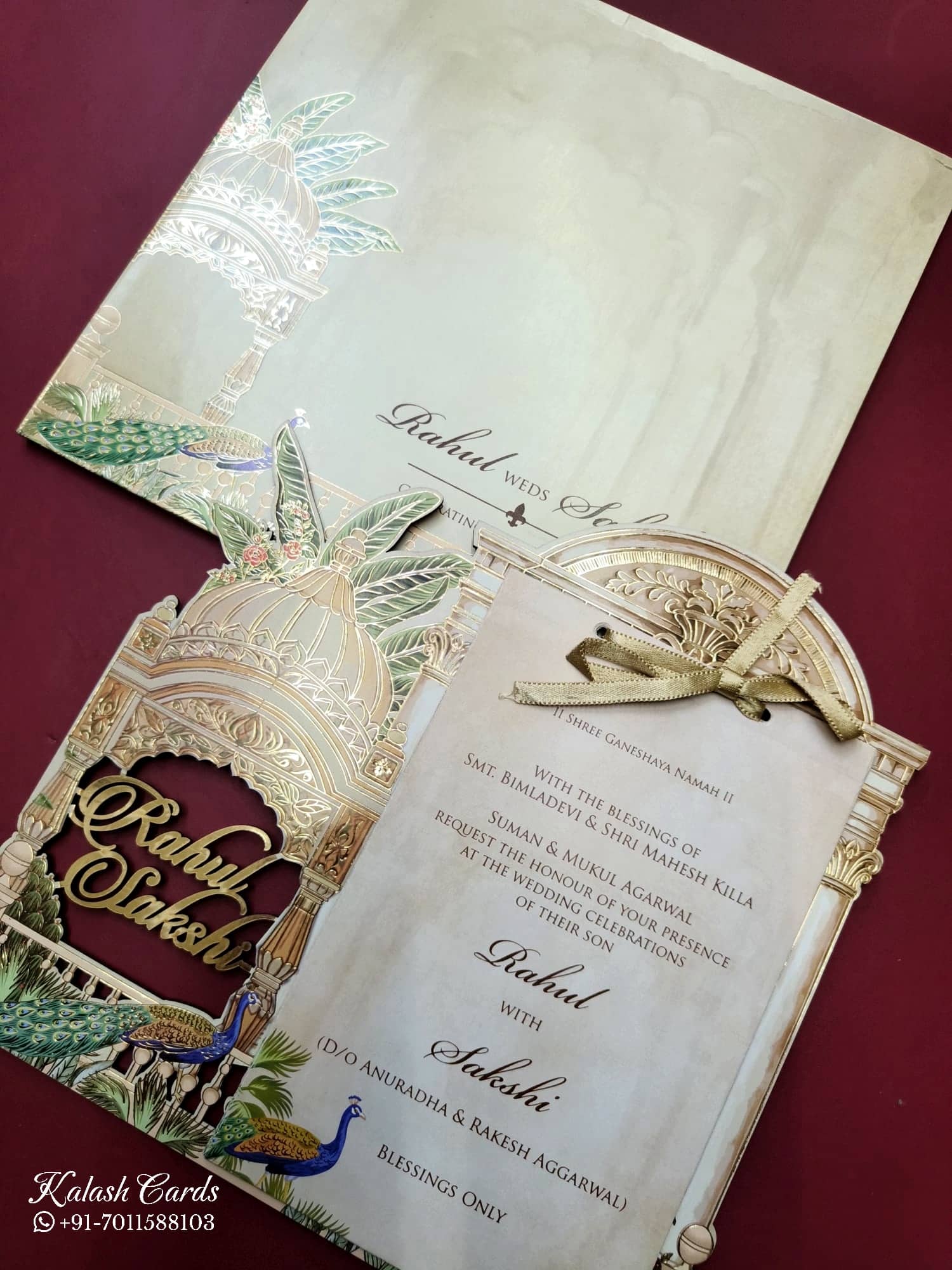 KLB790 Peacock Design Creme Color Couple Name Laser Cut Wedding Card (2 Page)