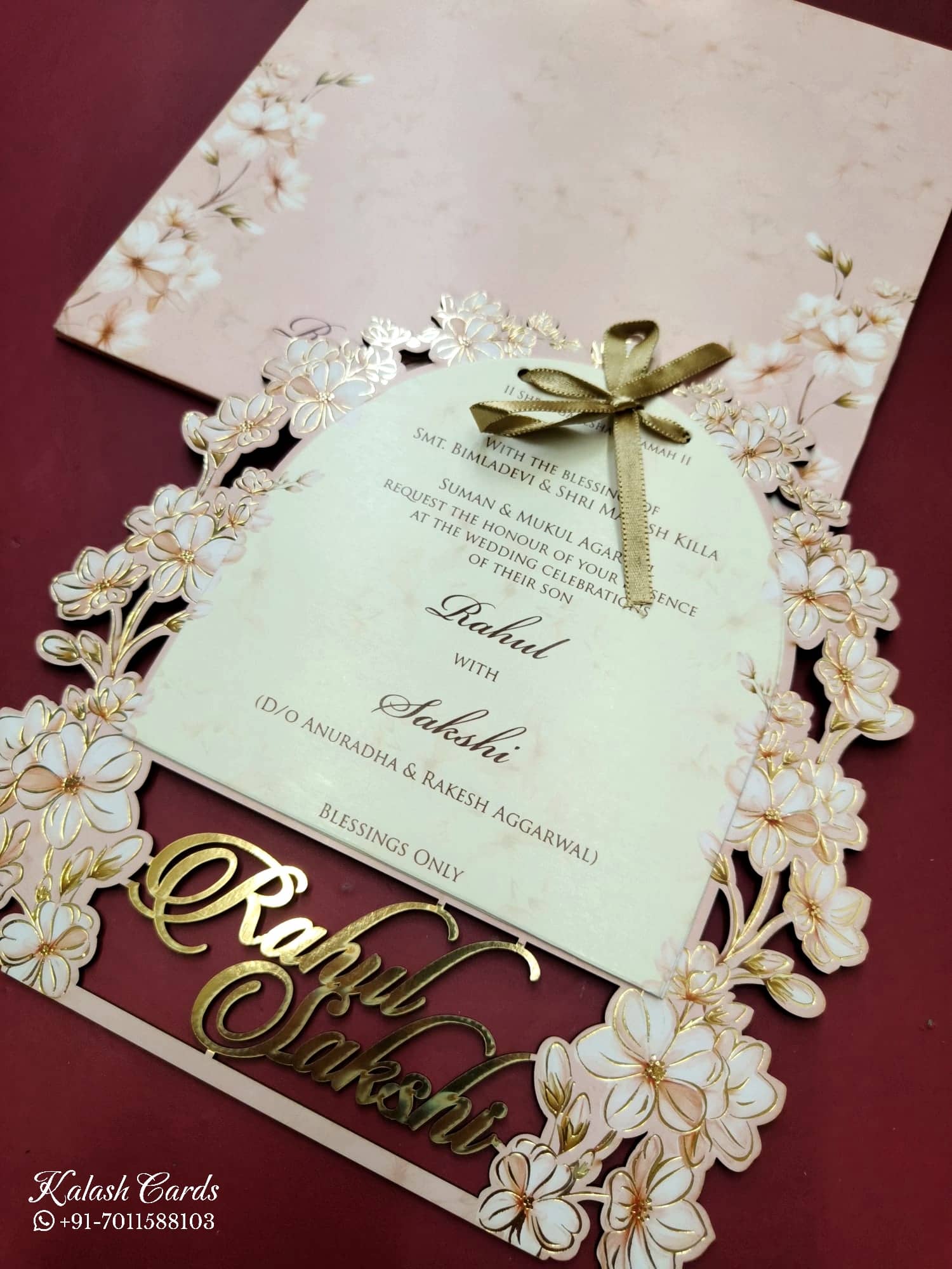 KLB791 Floral Design Pink Color Couple Name Laser Cut Wedding Card (2 Page)
