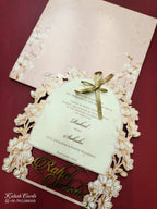 KLB791 Floral Design Pink Color Couple Name Laser Cut Wedding Card (2 Page)