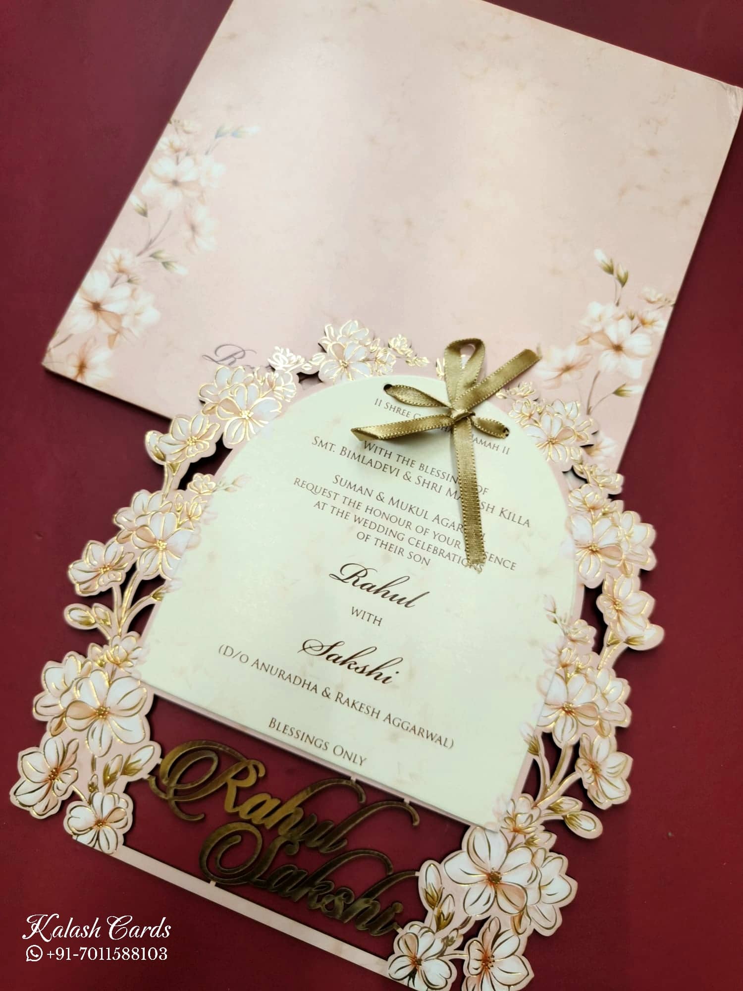 KLB791 Floral Design Pink Color Couple Name Laser Cut Wedding Card (2 Page)