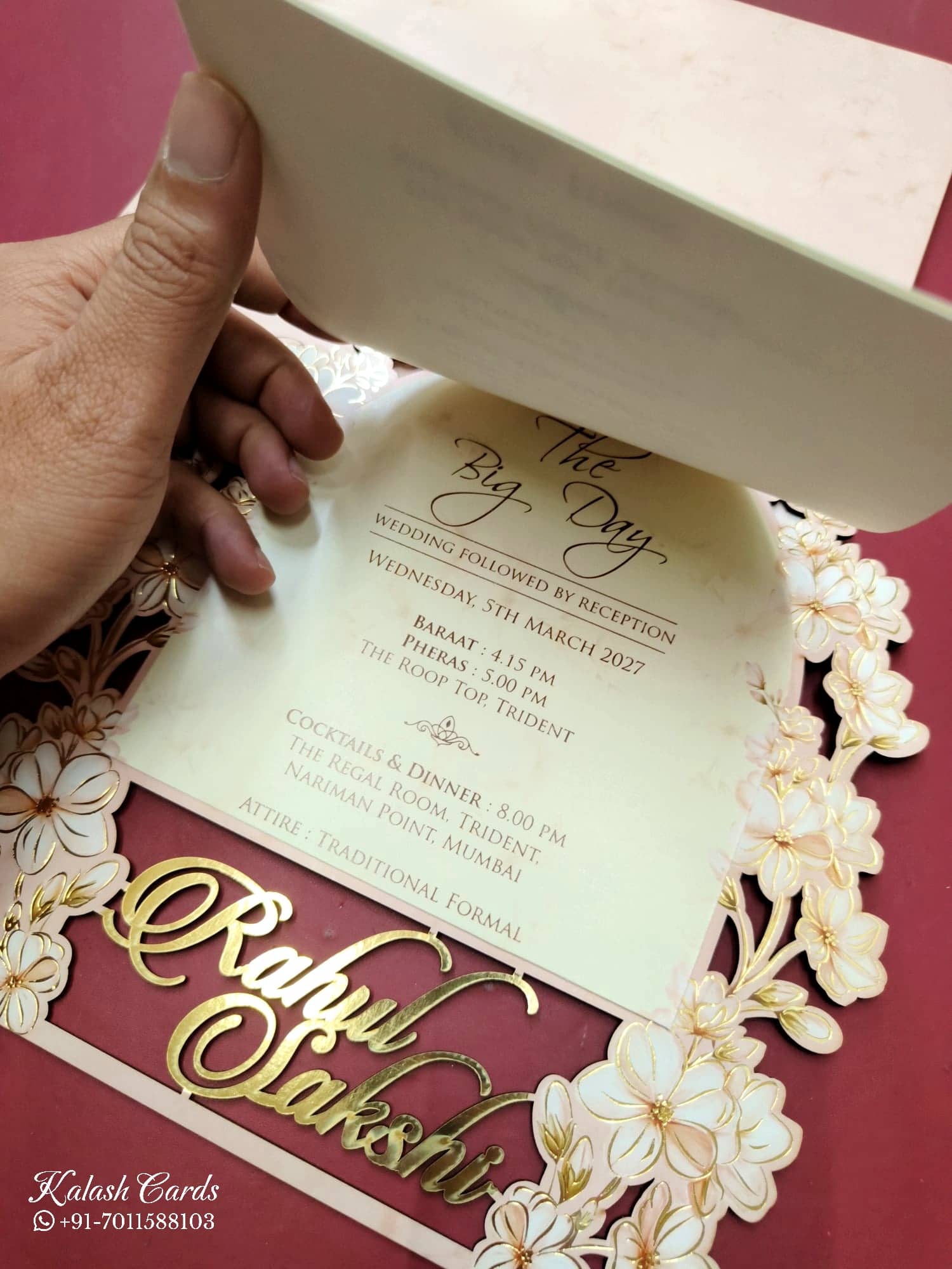 KLB791 Floral Design Pink Color Couple Name Laser Cut Wedding Card (2 Page)