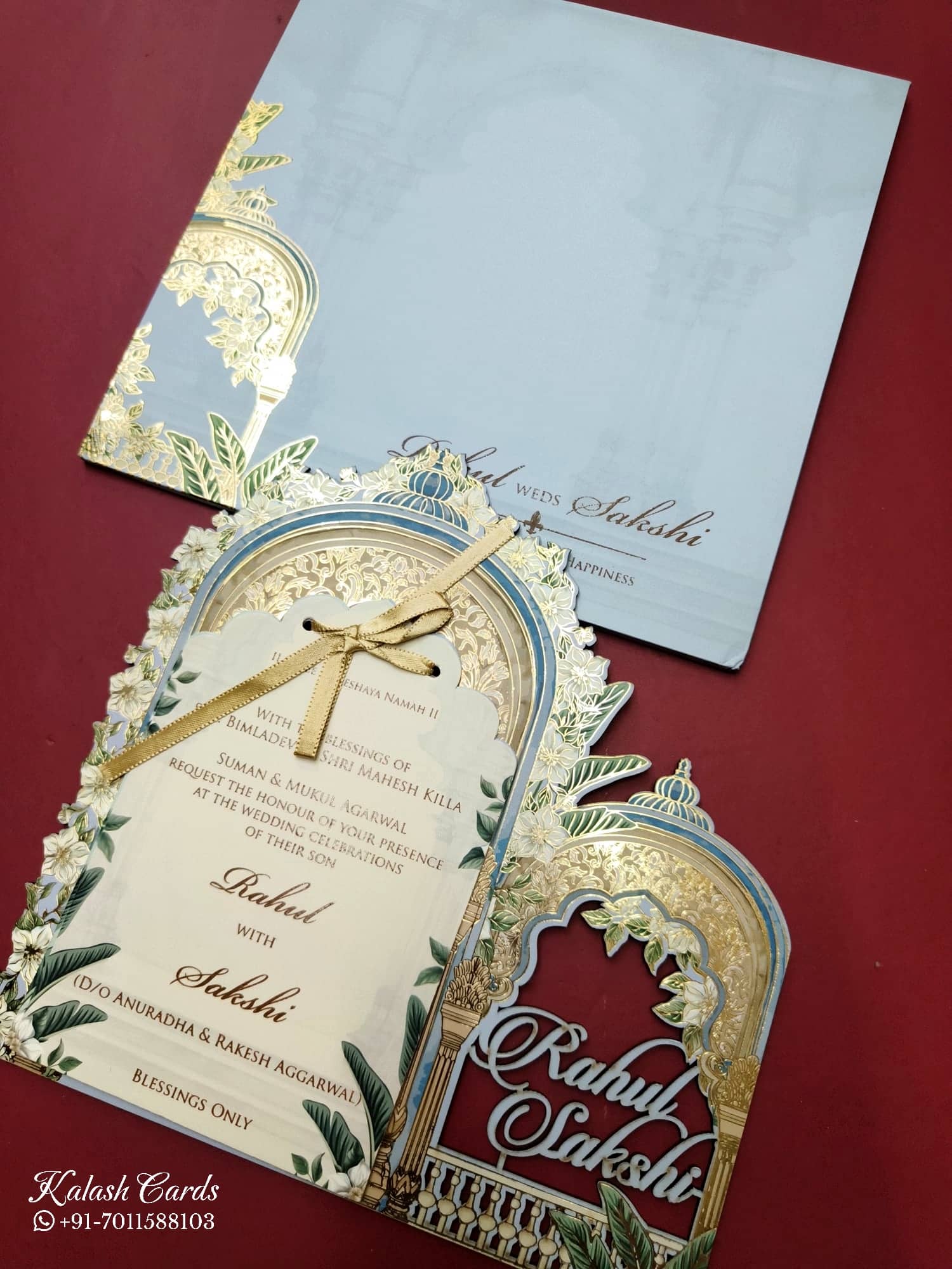 KLB792 Royal Fort Design Blue Color Couple Name Laser Cut MDF Thick Wedding Card (2 Page)