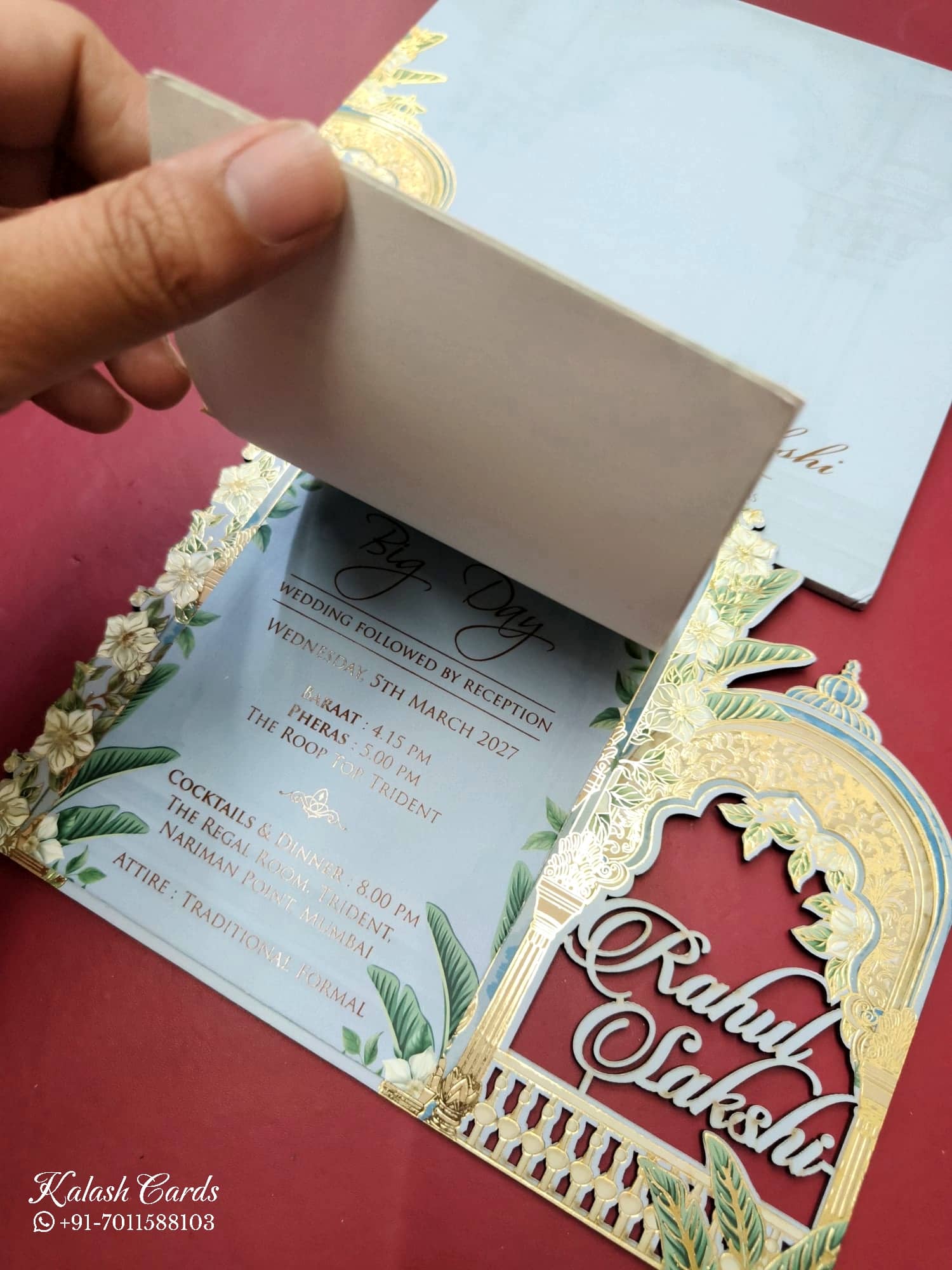 KLB792 Royal Fort Design Blue Color Couple Name Laser Cut MDF Thick Wedding Card (2 Page)