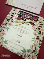 KLB793 Floral Design Pink Color Couple Name Laser Cut MDF Thick Wedding Card (2 Page)