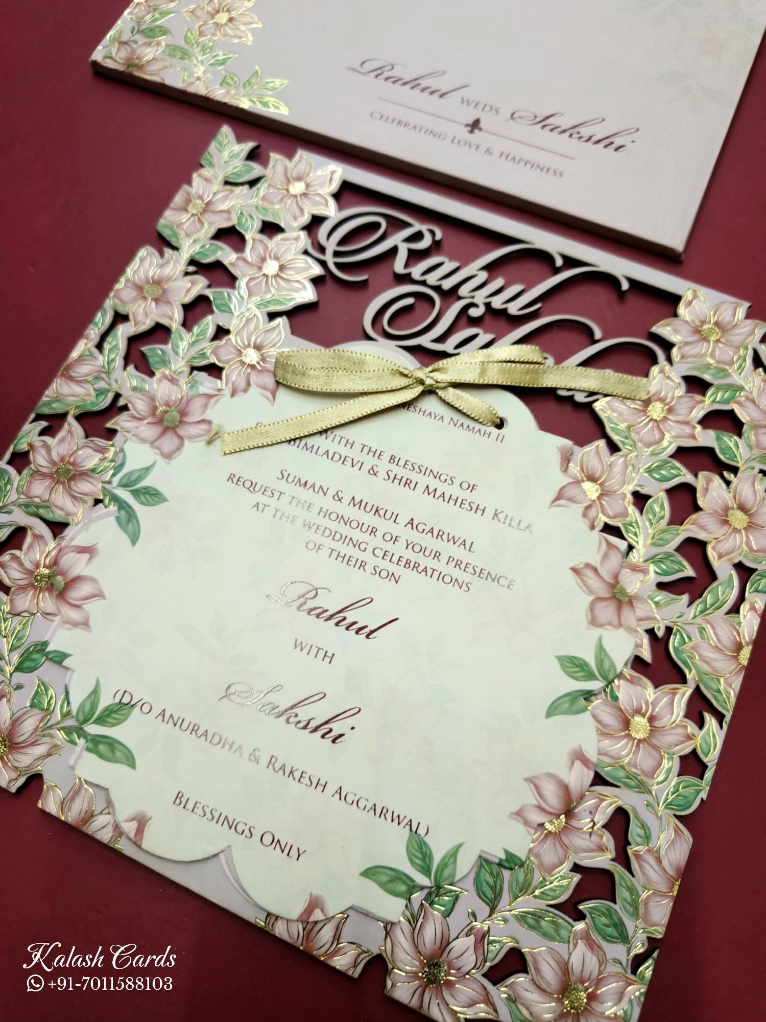 KLB793 Floral Design Pink Color Couple Name Laser Cut MDF Thick Wedding Card (2 Page)