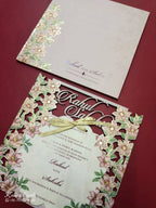 KLB793 Floral Design Pink Color Couple Name Laser Cut MDF Thick Wedding Card (2 Page)