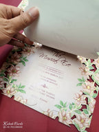 KLB793 Floral Design Pink Color Couple Name Laser Cut MDF Thick Wedding Card (2 Page)