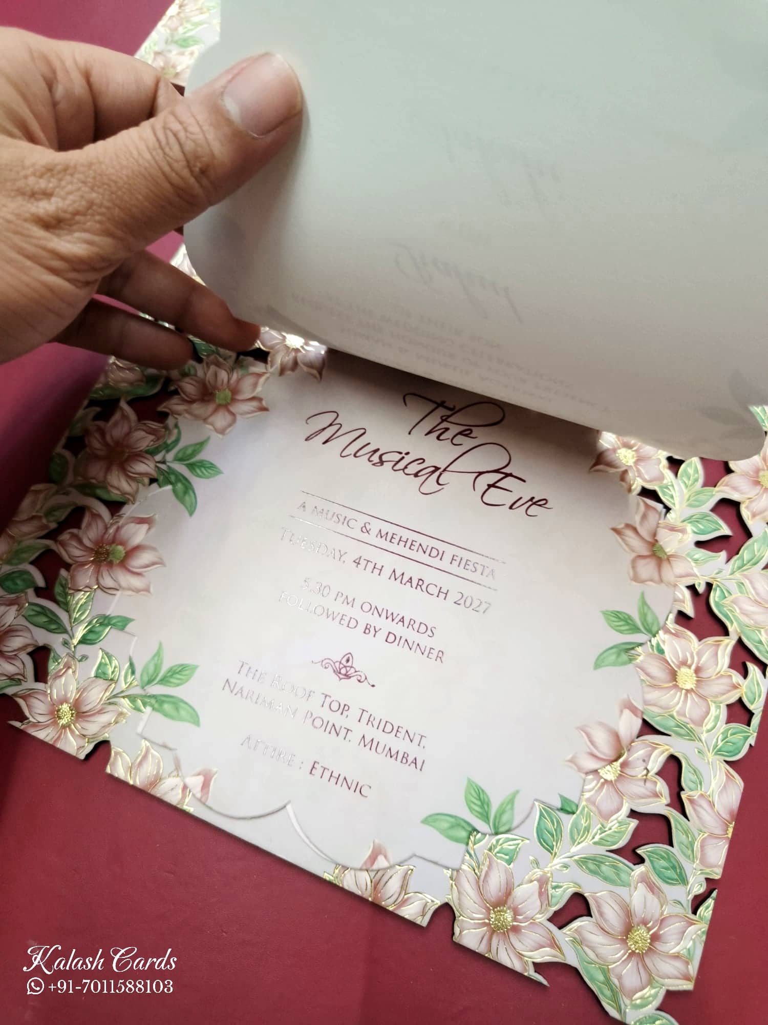 KLB793 Floral Design Pink Color Couple Name Laser Cut MDF Thick Wedding Card (2 Page)