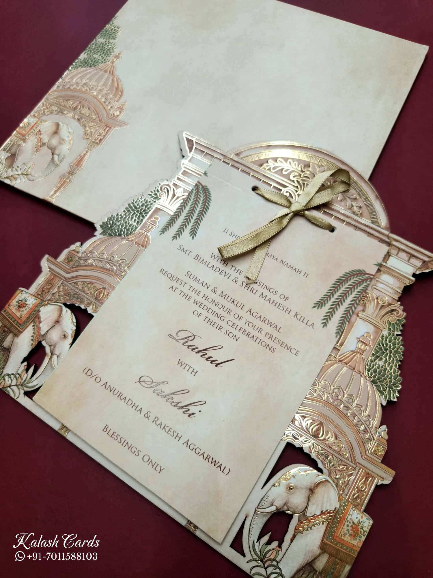 KLB794 Elephant Design Creme Color Laser Cut Wedding Card (2 Page)