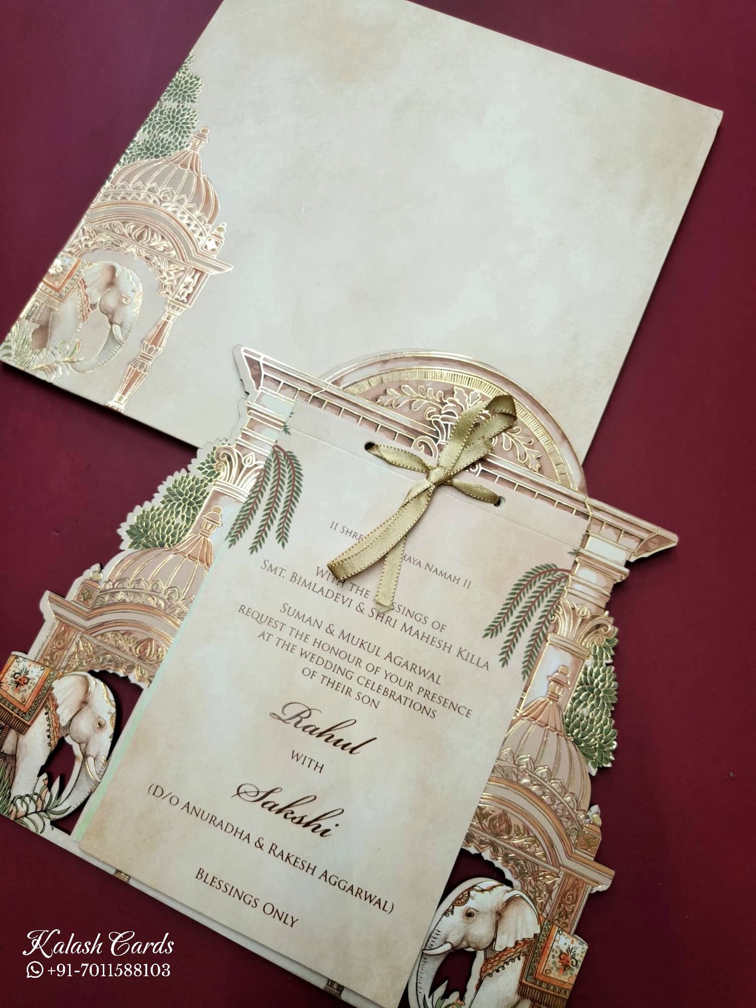KLB794 Elephant Design Creme Color Laser Cut Wedding Card (2 Page)