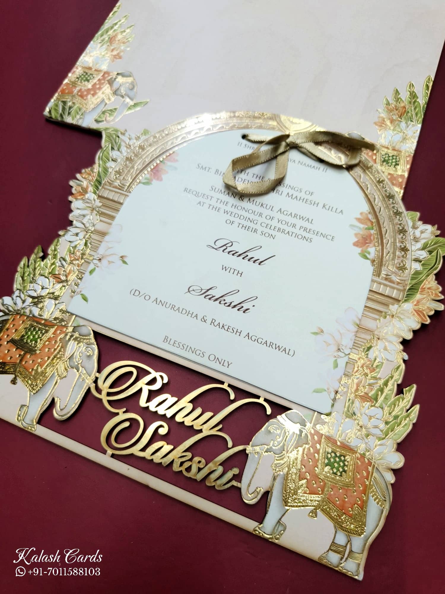 KLB795 Elephant Design Pink Color Couple Name Laser Cut Wedding Card (2 Page)