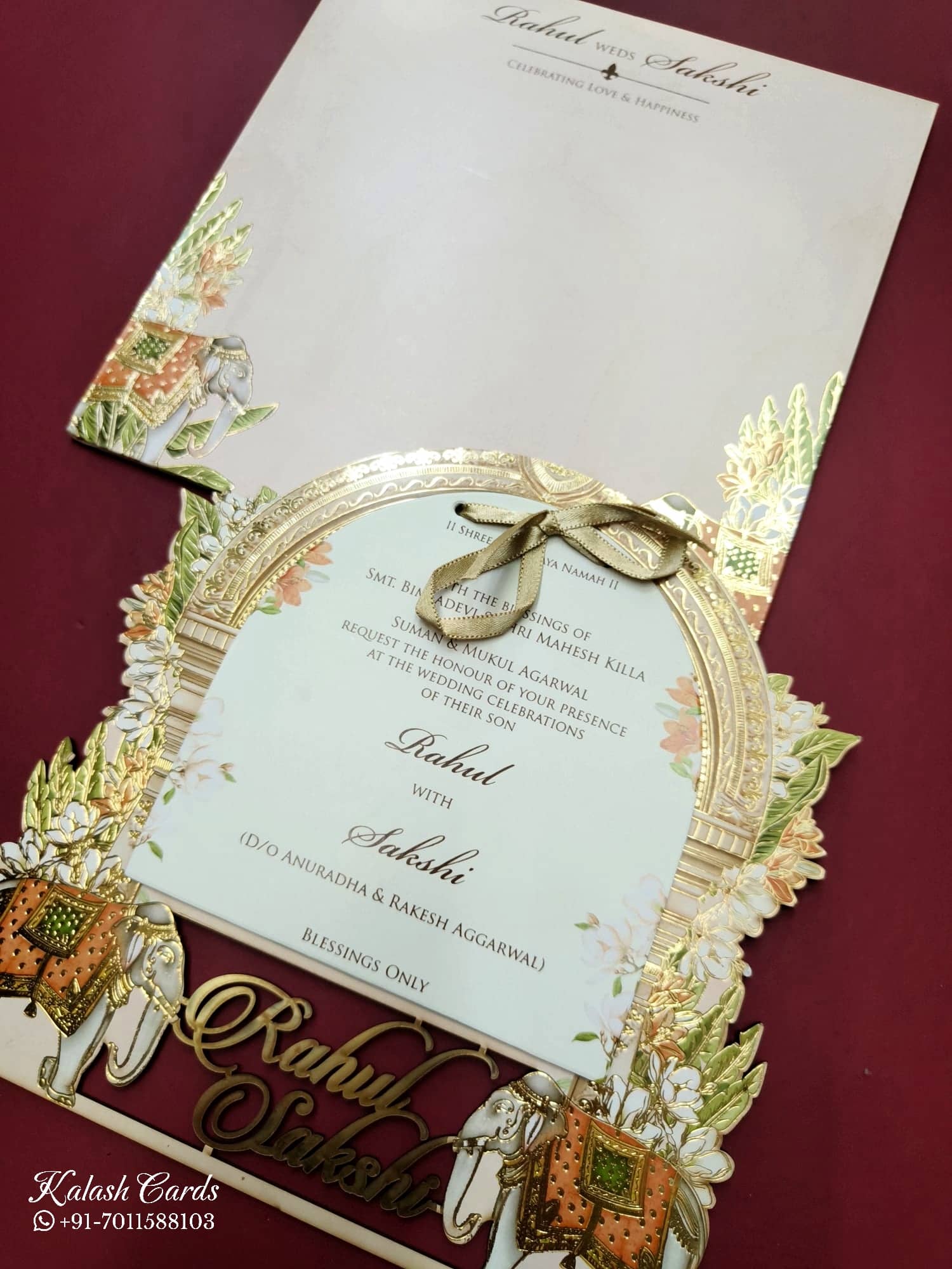KLB795 Elephant Design Pink Color Couple Name Laser Cut Wedding Card (2 Page)