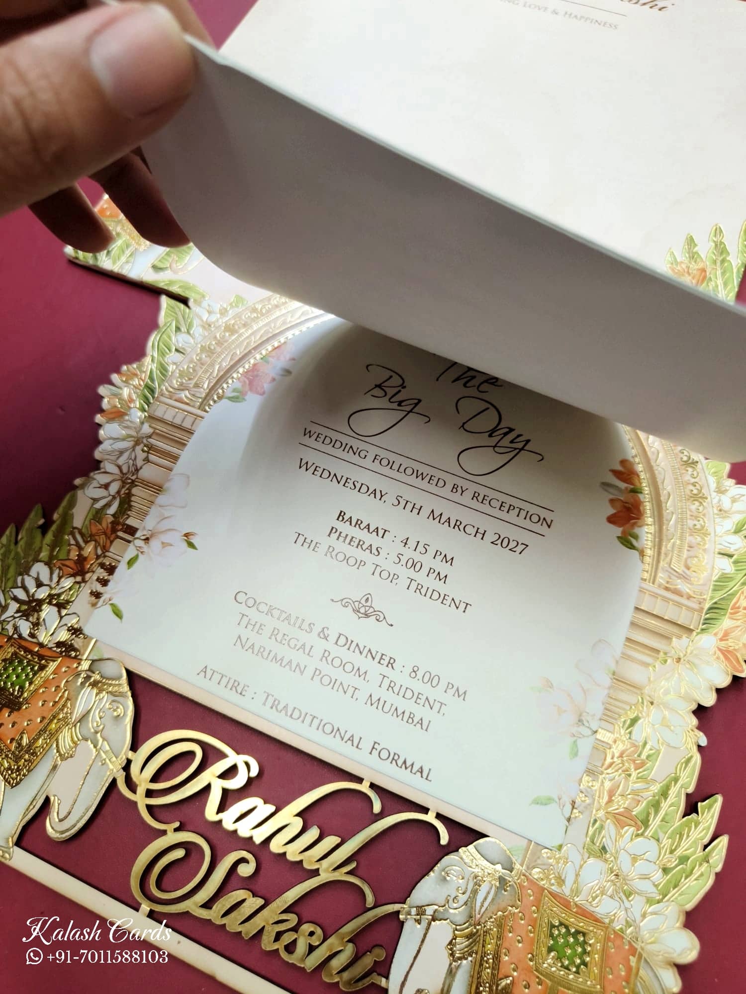 KLB795 Elephant Design Pink Color Couple Name Laser Cut Wedding Card (2 Page)