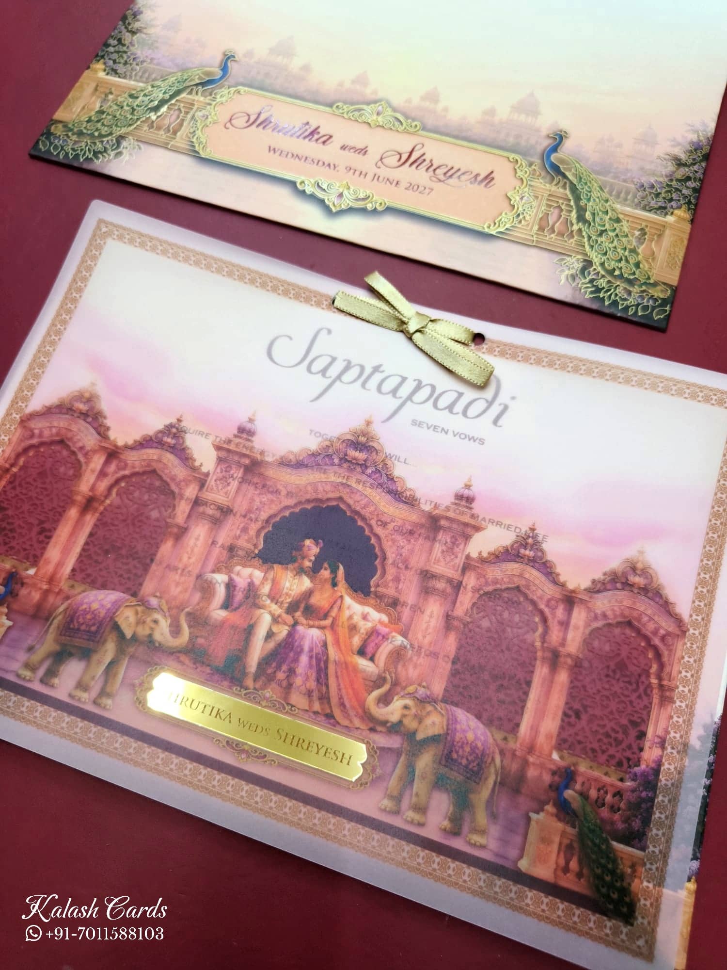KLB796 Raja Rani Royal Fort Peacock Elephant Design Creme Red Color Semi Box Wedding Card (2 Page & Couple Name Acrylic)