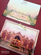 KLB796 Raja Rani Royal Fort Peacock Elephant Design Creme Red Color Semi Box Wedding Card (2 Page & Couple Name Acrylic)