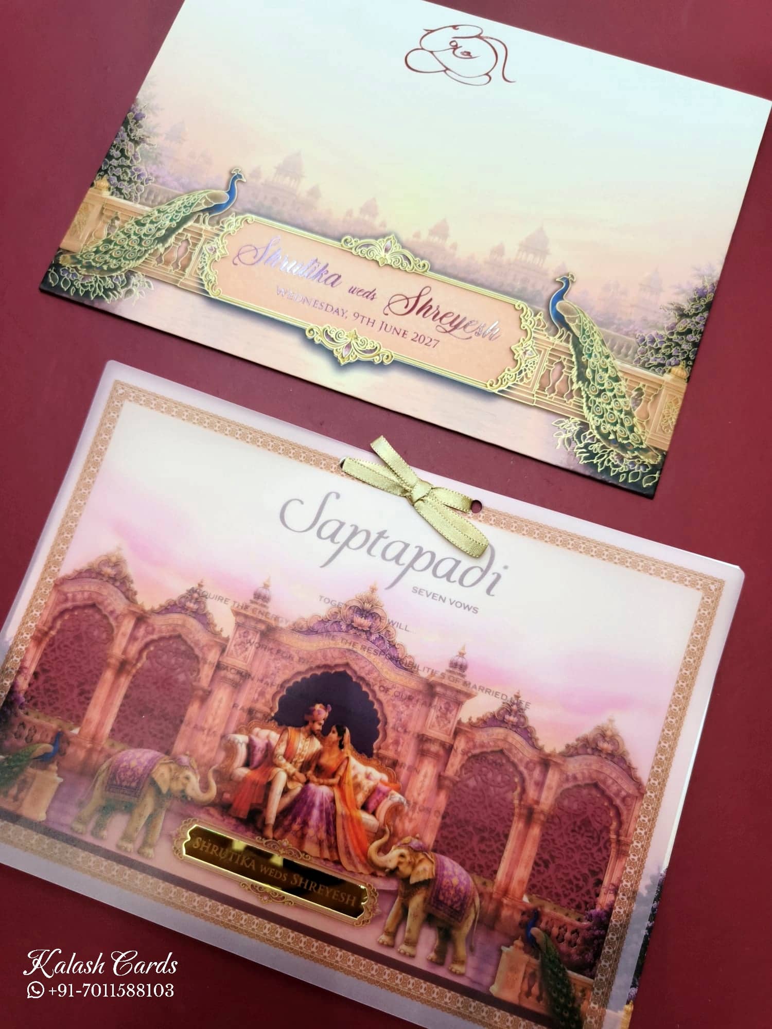 KLB796 Raja Rani Royal Fort Peacock Elephant Design Creme Red Color Semi Box Wedding Card (2 Page & Couple Name Acrylic)