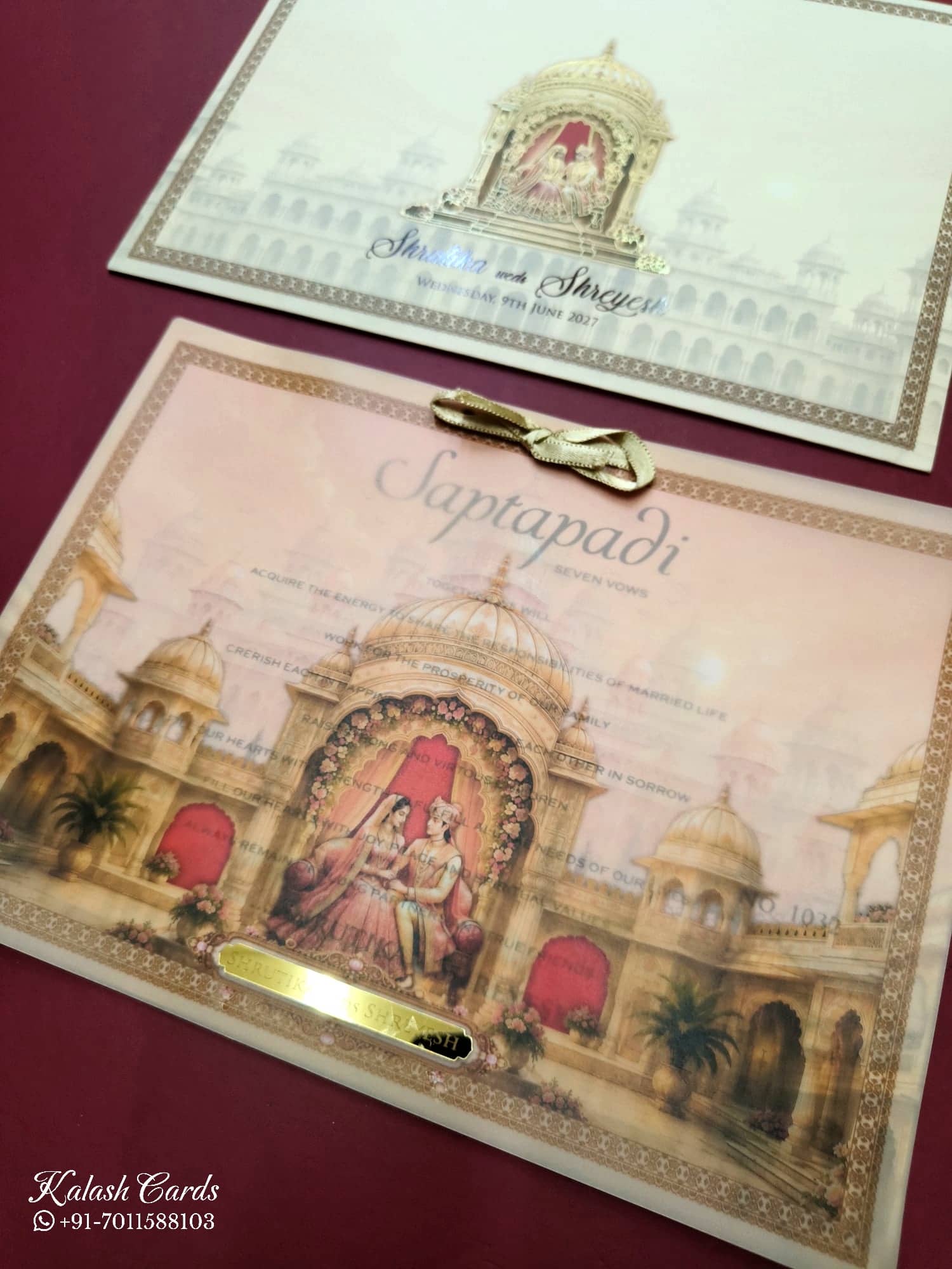 KLB797 Dulha Dulhan Royal Fort Design Creme Color Semi Box Wedding Card (2 Page & Couple Name Acrylic)