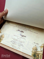 KLB797 Dulha Dulhan Royal Fort Design Creme Color Semi Box Wedding Card (2 Page & Couple Name Acrylic)