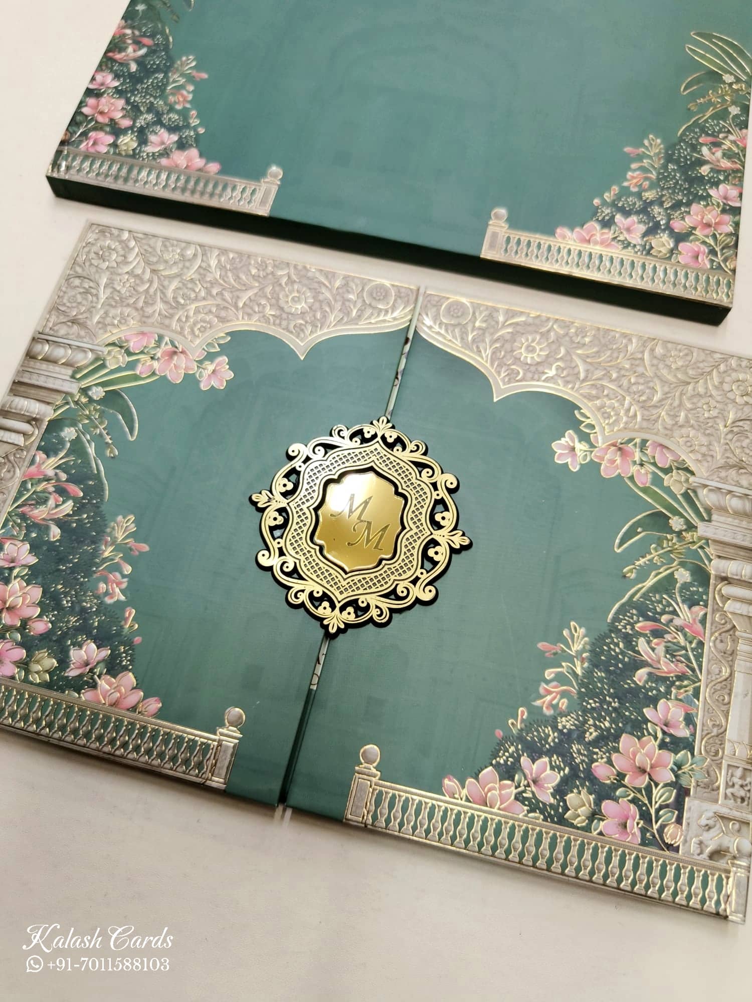 KLB798 Floral Design Green Color Double Door Style Hardboard Padding Thick Wedding Card (2 Page & Couple Initial Acrylic)