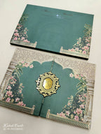 KLB798 Floral Design Green Color Double Door Style Hardboard Padding Thick Wedding Card (2 Page & Couple Initial Acrylic)