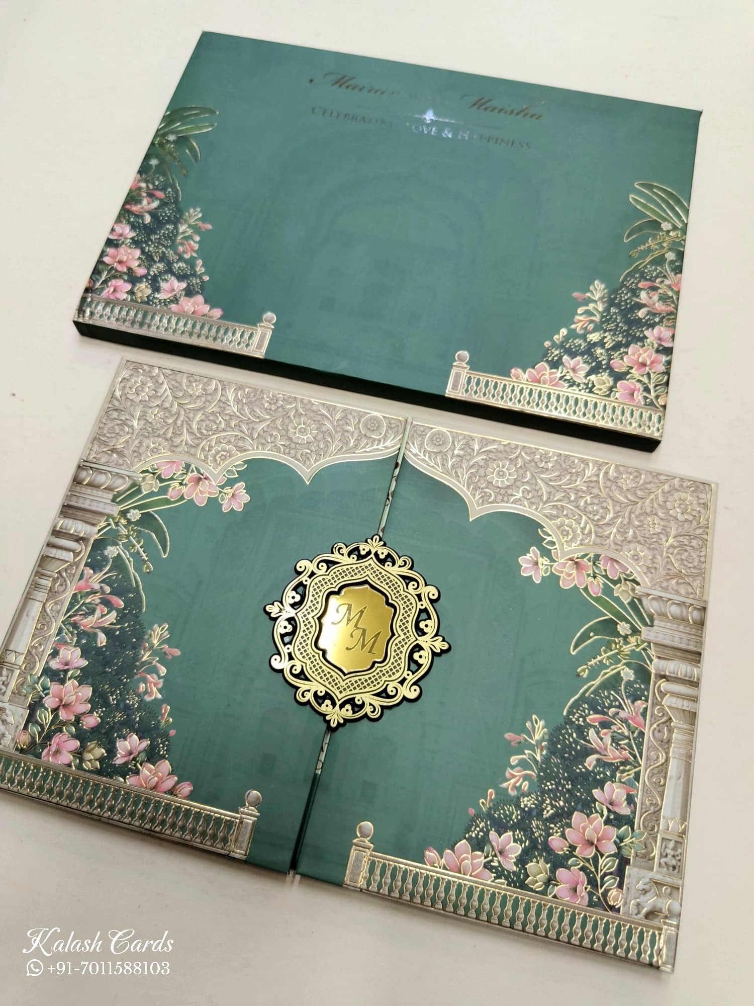 KLB798 Floral Design Green Color Double Door Style Hardboard Padding Thick Wedding Card (2 Page & Couple Initial Acrylic)